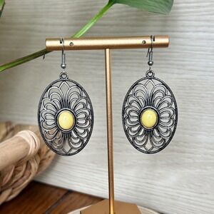 Oval Filigree Dangle Earrings Yellow Stone Boho Vintage Style